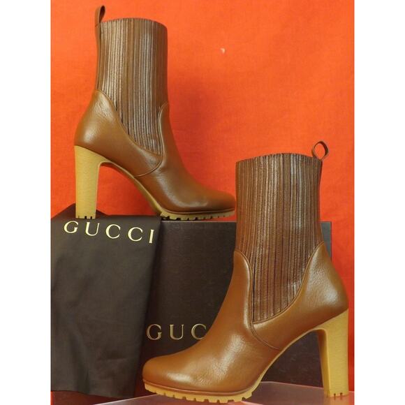 NIB GUCCI 323551 EDITH CUIR BROWN LUXOR LEATHER ELASTICIZED ANKLE BOOTS 39.5 - Picture 2 of 12